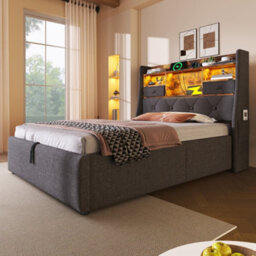 Btm 3Ft Single Upholstered Bed 90 X 190 Cm With Hydraulic Storage Headboard Led Lights Usb C Charging Linen Grey No Mattress - thumbnail 8