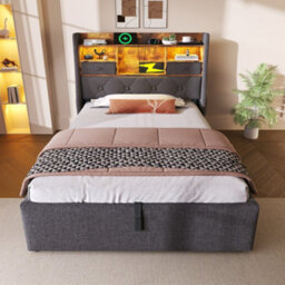 Btm 3Ft Single Upholstered Bed 90 X 190 Cm With Hydraulic Storage Headboard Led Lights Usb C Charging Linen Grey No Mattress - thumbnail 9
