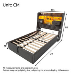 Btm 3Ft Single Upholstered Bed 90 X 190 Cm With Hydraulic Storage Headboard Led Lights Usb C Charging Linen Grey No Mattress - thumbnail 2