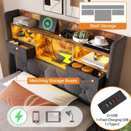 Btm 3Ft Single Upholstered Bed 90 X 190 Cm With Hydraulic Storage Headboard Led Lights Usb C Charging Linen Grey No Mattress - thumbnail 3