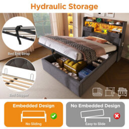 Btm 3Ft Single Upholstered Bed 90 X 190 Cm With Hydraulic Storage Headboard Led Lights Usb C Charging Linen Grey No Mattress - thumbnail 5