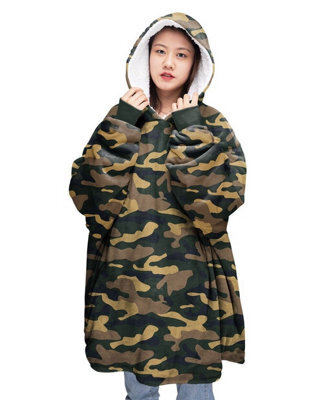 Homes & Linen Oversized Hoodie Teddy Blanket Plush Camouflage Fleece Sweatshirt With Pocket