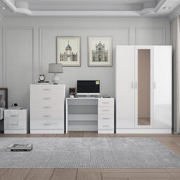 Reflect 3 Door Mirror Wardrobe, 5 Drawer Chest, 2 Drawer Bedside & Desk - White Gloss & Matt White - Modern Bedroom Furniture Set - thumbnail 3