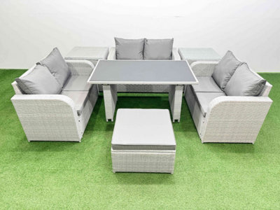 Fimous 7 Seater Patio Garden Furniture Sets With Black Glass Top Dining Table Love Sofa 2 Side Tables Big Stool Light Grey - image 1