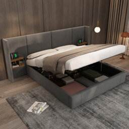 Btm 6Ft Super King Velvet Ottoman Storage Bed Frame Hydraulic Headboard With Usb Ports Sockets Two Bedside Tables Grey No Mattress - thumbnail 4