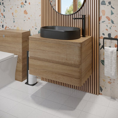 Affine 800mm Bathroom Countertop Vanity Unit Oval Fluted Basin Wall Hung Soft Close Oak - image 1