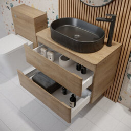 Affine 800mm Bathroom Countertop Vanity Unit Oval Fluted Basin Wall Hung Soft Close Oak - thumbnail 3