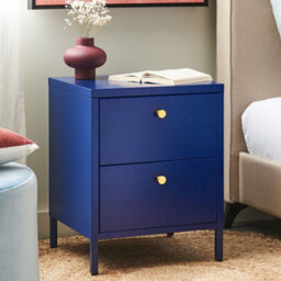 Wyld And Coco Bluesteel Bedside Table Two-Drawer Nightstand, Industrial Glam Steel, Gold Knobs, Compact (W43 X D40 X H55Cm) - thumbnail 2