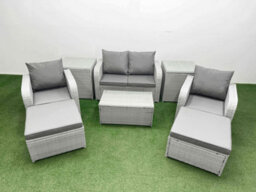 Fimous Light Grey Pe Wicker Rattan Garden Furniture Set Sofa Set Reclining Chair Coffee Table 6 Seater 3 Big Stools 3 Side Table - thumbnail 2