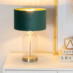 Valuelights Jessy Glass With Gold Trim Table Lamp With Forest Green Velvet With Gold Inner Lamp Shade And Bulb