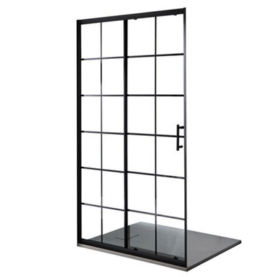 Homestylestore Black Grid Sliding Door Shower Enclosure And Light Grey Slate Effect Tray 1400 X 800mm - image 1