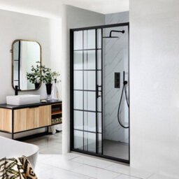 Homestylestore Black Grid Sliding Door Shower Enclosure And Light Grey Slate Effect Tray 1400 X 800mm - thumbnail 2
