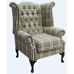 Chesterfield High Back Wing Chair Piazza Square Check Beige Fabric In Queen Anne Style - thumbnail 1