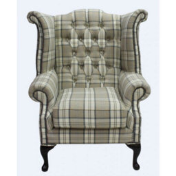 Chesterfield High Back Wing Chair Piazza Square Check Beige Fabric In Queen Anne Style - thumbnail 2
