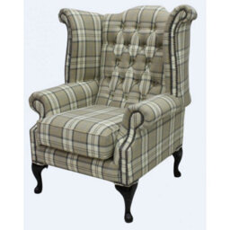 Chesterfield High Back Wing Chair Piazza Square Check Beige Fabric In Queen Anne Style - thumbnail 3