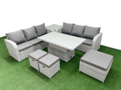 Fimous Outdoor Garden Furniture Sets 9 Seater Adjustable Lifting Dining Or Coffee Table High Back Lounge Sofa 3 Stools Side Table - image 1