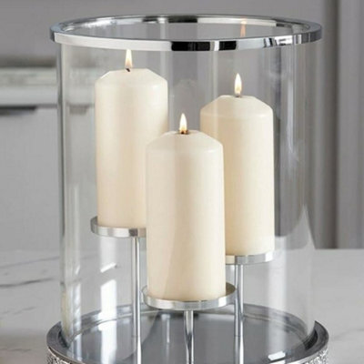 Biznest 3 Pillar Candle Holder Harper Gem Silver Glass Candle Centerpiece Hurricane 32Cm