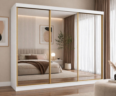 Fhif Dubai Gold 250Cm White Sliding Door Wardrobe Modern Bedroom Storage With Full Length Mirror Shelves And Hanging Rails - image 1