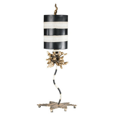 Elegant Gold Leaf Table Lamp With Black And Cream Stripes - Led E27 Bulb 60W - image 1