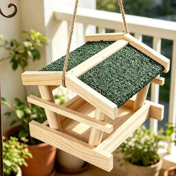 Wooden Hanging Bird Feeder Table With Roof Outdoor Wild Bird Feeding Station Rope Seed Tray For Garden Patio Balcony Trees