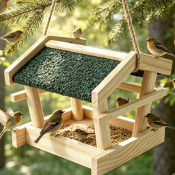 Wooden Hanging Bird Feeder Table With Roof Outdoor Wild Bird Feeding Station Rope Seed Tray For Garden Patio Balcony Trees - thumbnail 2
