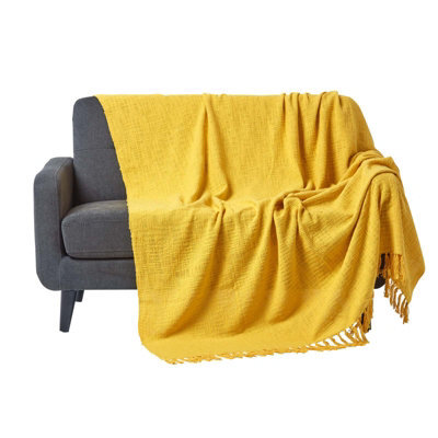 Homescapes Nirvana Slub Cotton Ochre Yellow Throw, 255 X 360 Cm - image 1