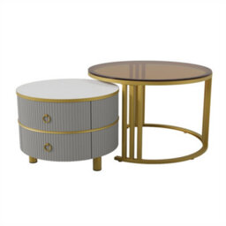 Abrihome 2-In-1 Mdf Coffee Table Set, High Gloss Top & Brown Tempered Glass Side Table, 2 Drawers, 70X70X45 & 50X50X40 Cm - thumbnail 5