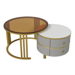 Abrihome 2-In-1 Mdf Coffee Table Set, High Gloss Top & Brown Tempered Glass Side Table, 2 Drawers, 70X70X45 & 50X50X40 Cm - thumbnail 7