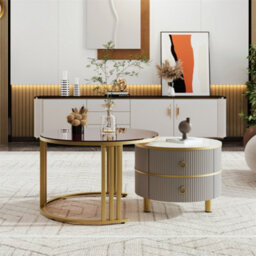 Abrihome 2-In-1 Mdf Coffee Table Set, High Gloss Top & Brown Tempered Glass Side Table, 2 Drawers, 70X70X45 & 50X50X40 Cm