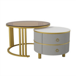Abrihome 2-In-1 Mdf Coffee Table Set, High Gloss Top & Brown Tempered Glass Side Table, 2 Drawers, 70X70X45 & 50X50X40 Cm - thumbnail 2