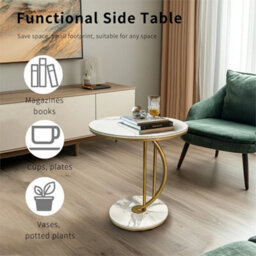 White Gold C Shaped Round Sintered Stone Metal Coffee Centre Table - thumbnail 5