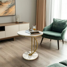 White Gold C Shaped Round Sintered Stone Metal Coffee Centre Table - thumbnail 6