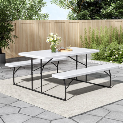 Living And Home White Picnic Foldable Table Bench Set 6 Seater Camping Table Set Garden Picnic And Bench Set With Parasol Hole - image 1