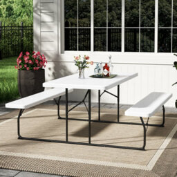 Living And Home White Picnic Foldable Table Bench Set 6 Seater Camping Table Set Garden Picnic And Bench Set With Parasol Hole - thumbnail 2