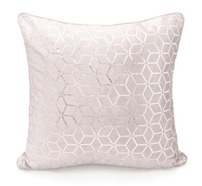 Intimates Velvet Geometric Print Cushion, Silver Foil Design, Luxurious Texture, Zip Closure - Modern Home Decor Accent Cushion - Pink