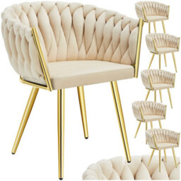 Tectake Set Of 6 Dining Chair Astano - Padded, Velvet, Knot Design, Continuous Backrest  - Sand-Colored/gold