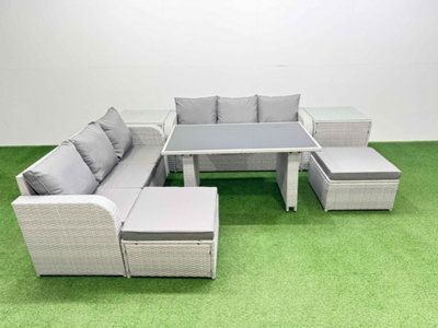Fimous 8 Seater Rattan Outdoor Dining Table 3 Seater Sofa Set With 2 Side Tables 2 Big Stools Light Grey - image 1