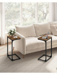 LEDREM C-Shaped Side Table, Set Of 2, Bedside Table, Sofa Side Table, With Metal Frame, Industrial,rustic Brown And Ink Black - thumbnail 1