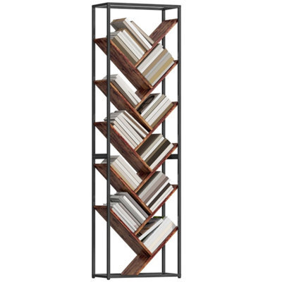 10 Tier Tree Bookshelf Industrial Tall Bookcase Rustic Brown Black - image 1