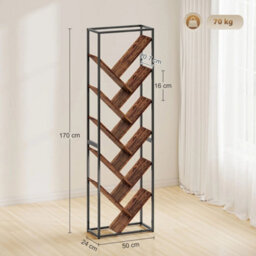 10 Tier Tree Bookshelf Industrial Tall Bookcase Rustic Brown Black - thumbnail 2