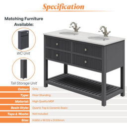 Plum&clay Harper Ribbed Grey Double Freestanding Vanity Unit & Basin Set (W)1200mm - thumbnail 5