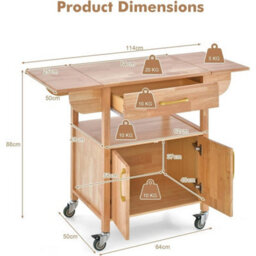 Drop Leaf Kitchen Trolley On Wheels With Storage Cabinet - thumbnail 2