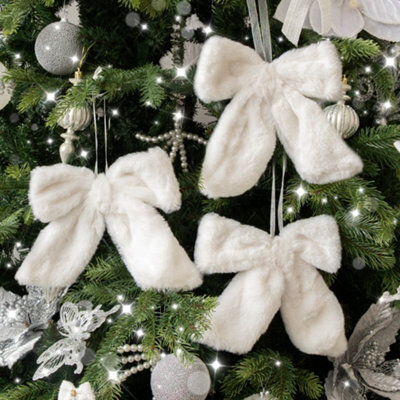 Melody Maison Set Of 3 White Fur Christmas Bow Decorations - 19Cm - image 1