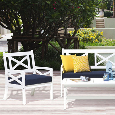 Beliani Coastal Garden Chair - White Acacia Wood With Blue Removable Cushion, Armrests, W65 X D69 X H90Cm - image 1