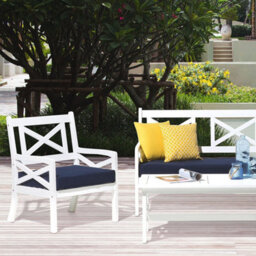 Beliani Coastal Garden Chair - White Acacia Wood With Blue Removable Cushion, Armrests, W65 X D69 X H90Cm - thumbnail 1