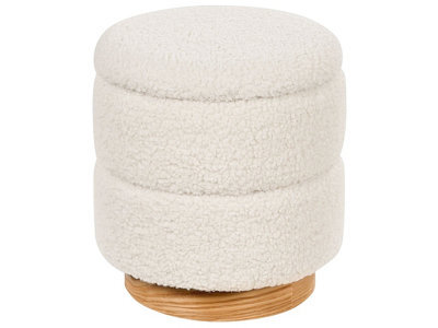 Wyld And Coco Teddy Boucle Pouffe White - Round Footstool With Hidden Storage, Mdf Base, Natural Wood Ring, 35Cm - image 1