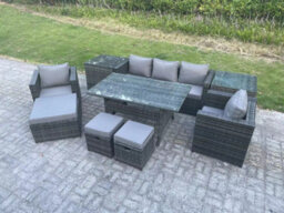 Fimous Garden Furniture Set Patio Rattan Rectangular Dining Table Lounge Sofa Chair With 2 Side Table Big Footstool 2 Small Stools - thumbnail 1
