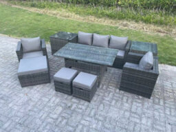 Fimous Garden Furniture Set Patio Rattan Rectangular Dining Table Lounge Sofa Chair With 2 Side Table Big Footstool 2 Small Stools - thumbnail 2