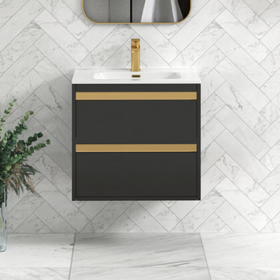 Royal Bathrooms Orion 600mm Matt Obsidian Black 2 Drawer Wall Hung Vanity Unit With Ceramic Basin & Brushed Brass Strip - image 1