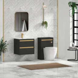 Royal Bathrooms Orion 600mm Matt Obsidian Black 2 Drawer Wall Hung Vanity Unit With Ceramic Basin & Brushed Brass Strip - thumbnail 3
